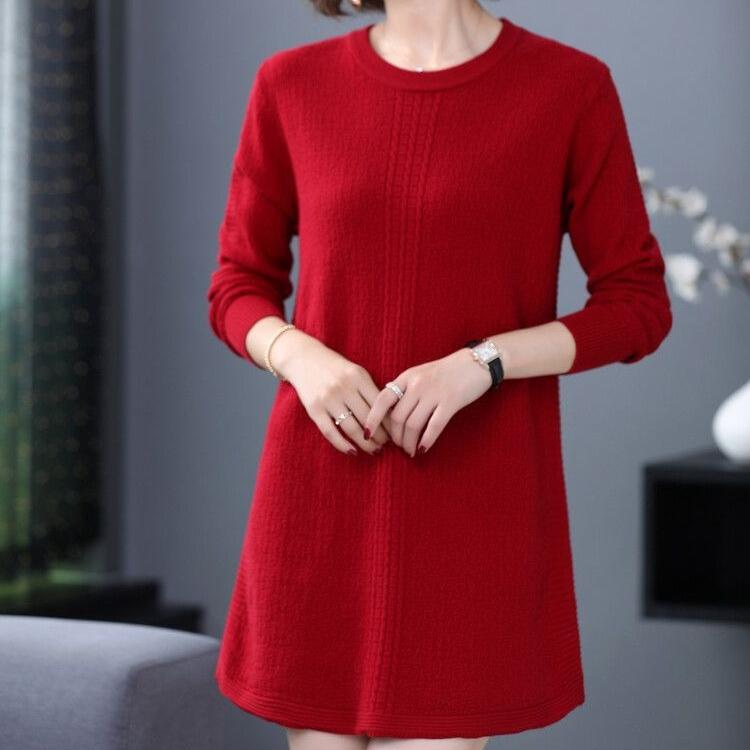 Mid-length Sweater Dress Solid Color Loose Knitted Sweater for Women Casual Long-sleeved Pullover Autumn and Winter