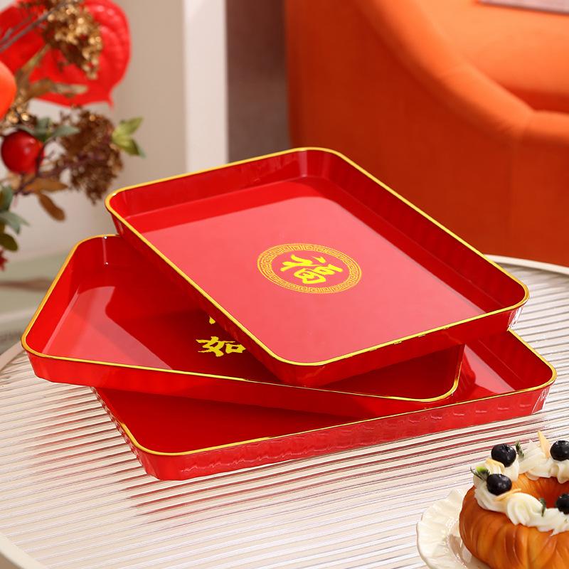Red Rectangular Tray, Teacups, Water Cups, Plastic Plates In The Living Room, Chinese Wedding Candy Fruit Plate
