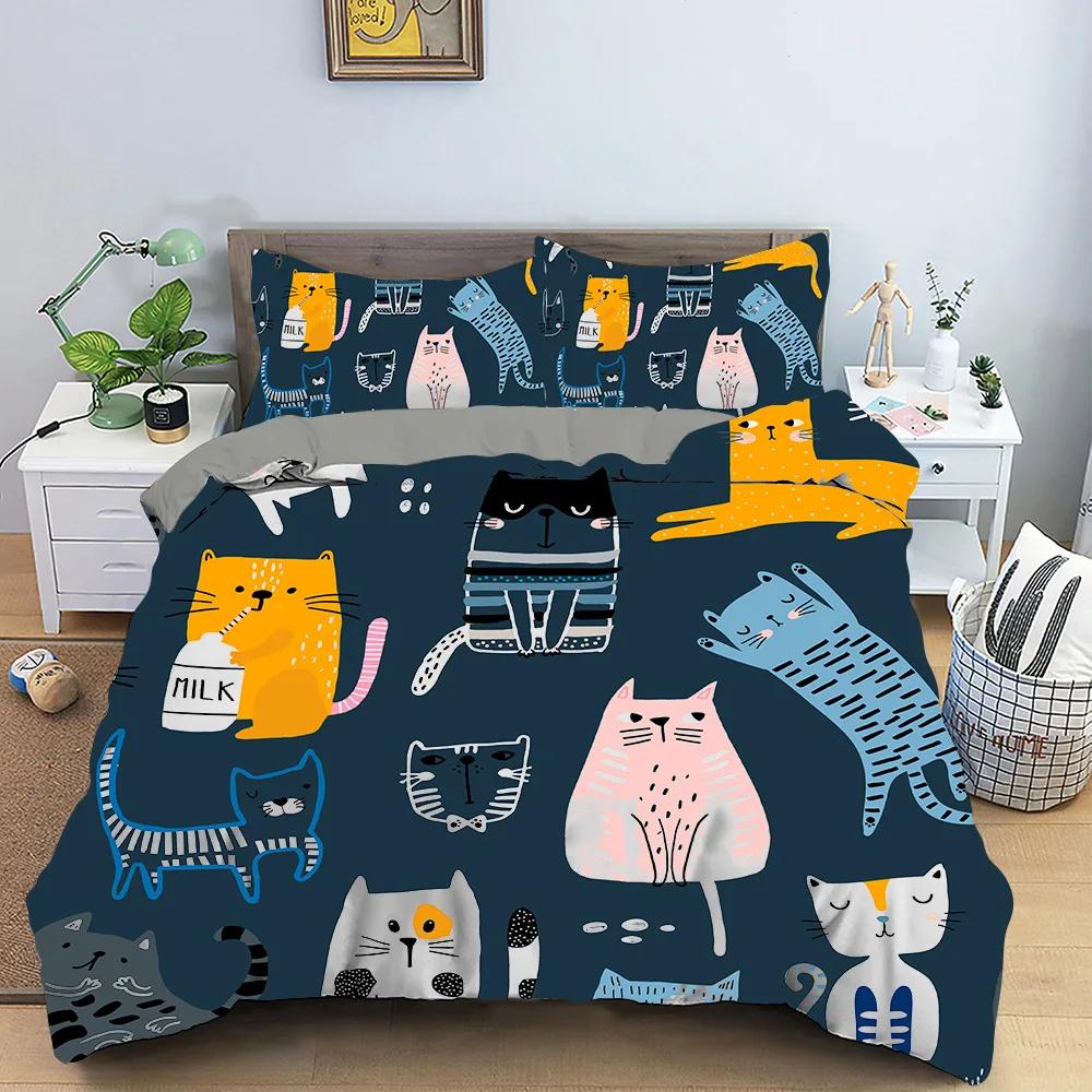 Cartoon Cat Duvet Cover Kawaii Black Kitty For Kids Teens Women Girls Pet Animals Polyester Quilt Cover For Bedroom Decoration