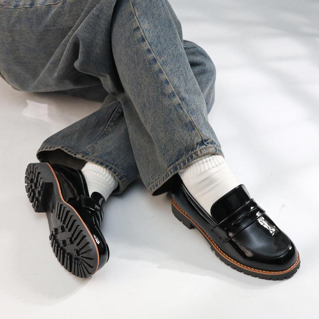 Mocasini cu monede pentru pistă rotundă joasă PU sintetic pantof japonez [Liberty Doll] Femei, Talpă, Vârf, Toc, Toc de 2,5 cm, Piele, Piele, Email, Negru,