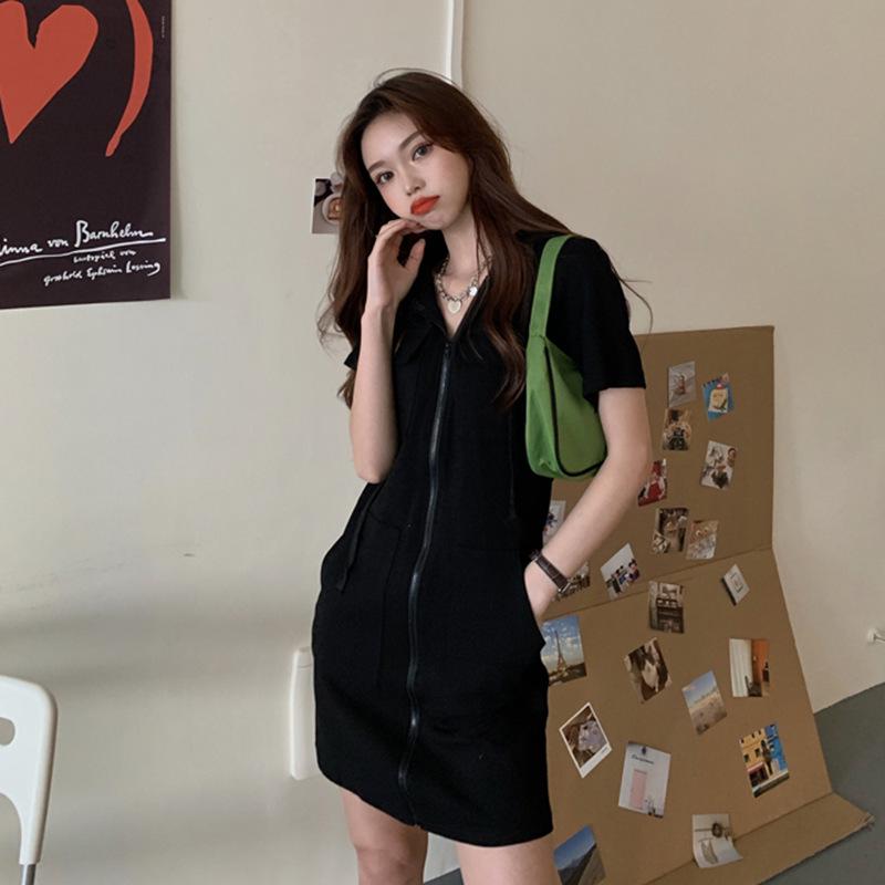 2025 Trendy Korean-Style Women's Summer Zipper Dress: Loose Casual Short-Sleeved Hooded Top