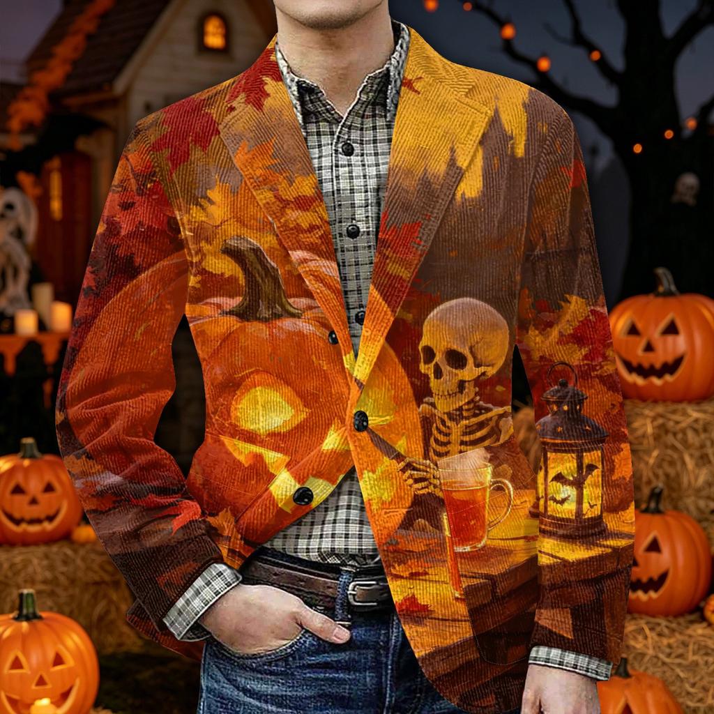 Men's Corduroy Blazer Jacket with Halloween Print Warm Casual Suit Jacket with Pockets Button Front Cardigan Style Outerwear