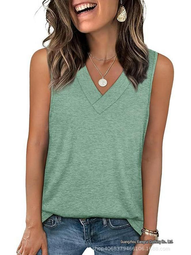 2026 Women's V-neck Casual Loose Sleeveless Summer Shirt - Solid Color, New Arrival