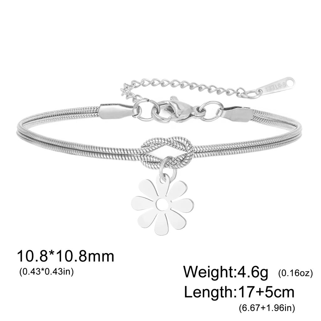 Teamer Daisy Charm Bracelet Stainless Steel Forever Knot Double Layer Snake Chain For Women Girls Trendy Flower Pendant Jewelry