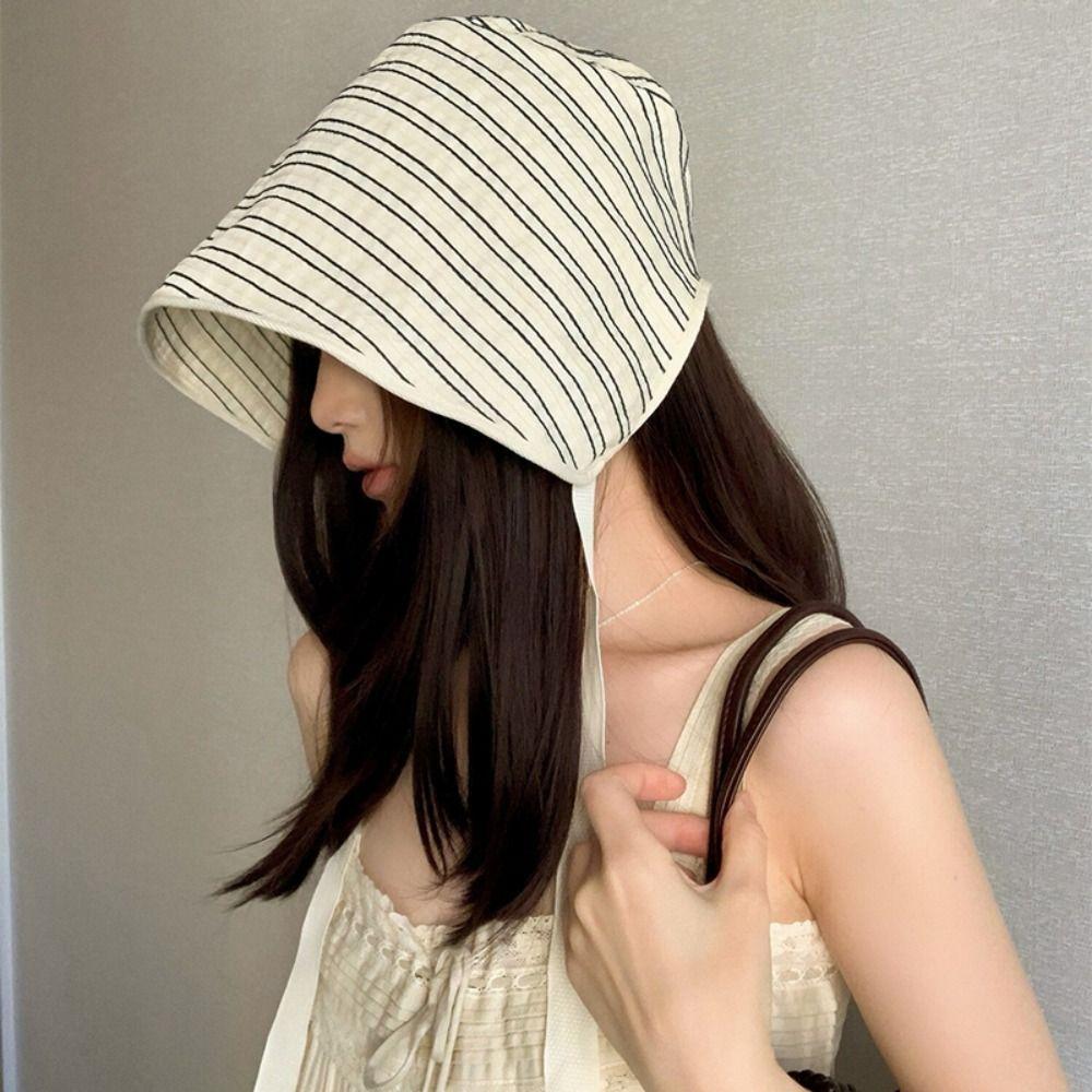 Solid Color Women Striped Fisherman Hat Ribbon Sunshade Hat Casual Bucket Hat  Beach
