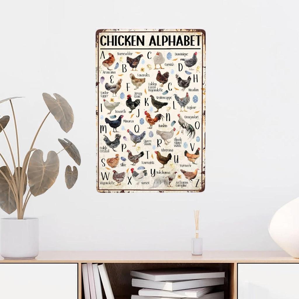 JOCASA Chicken Alphabet Vintage Metal Poster Farm Sign Decor-Retro Aluminum Metal Tin Sign for Home Wall Decor, Kitchen Farmhouse Country Farm Barn,