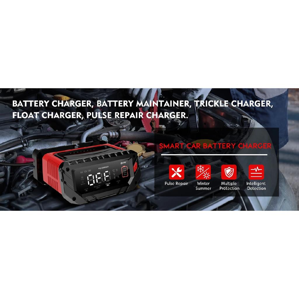 12V 30A/26A/20A Smart Car Battery Charger LCD 6V-12V-24V for Motorcycle Trickle Lithium LiFePO4 Lead-acid AGM Battery Repair