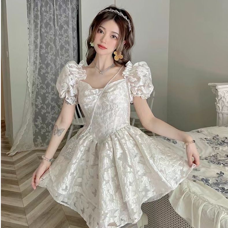 Sweet first love style splicing square neck dress women's clothing summer new waist and thin temperament princess tutu