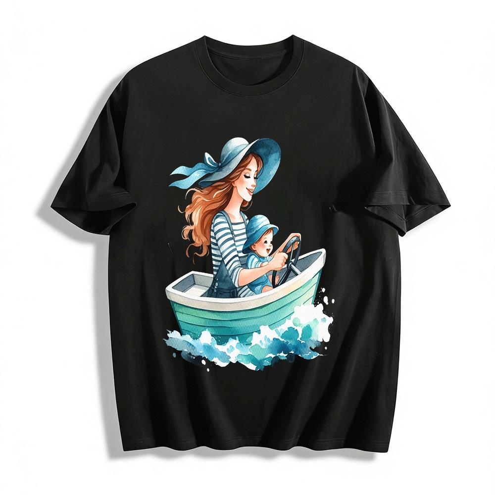 Mom And Baby Sailing Adventure Print Casual Family Top Pure cotton T-shirt XXS