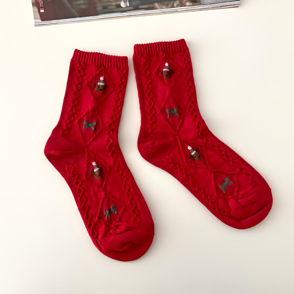 4Pairs Korean Christmas Socks Gift Set –  Winter Cozy Women’s Socks – Holiday Cute Gift Box – 3 Color Sets (Red / Beige / Blue Navy)