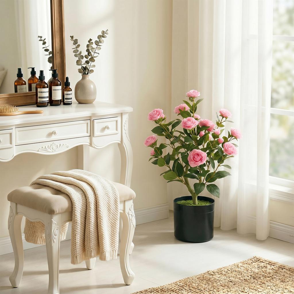 65cm Artificial Camellia Flower Plant In Pot With 116 Lush Leaves And Moss Effect Pink