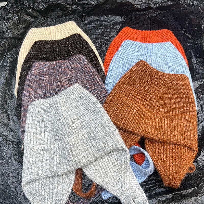 Cute Cat Ear Knitted Ear Protection Hat Women's Autumn and Winter Lace-up Wool Hat Strap Warm Cold Hat Versatile Bald Hat