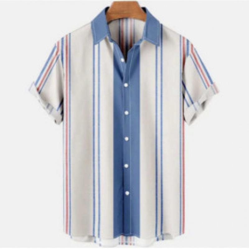 Summer new men's top striped D print men's cardigan lapel
