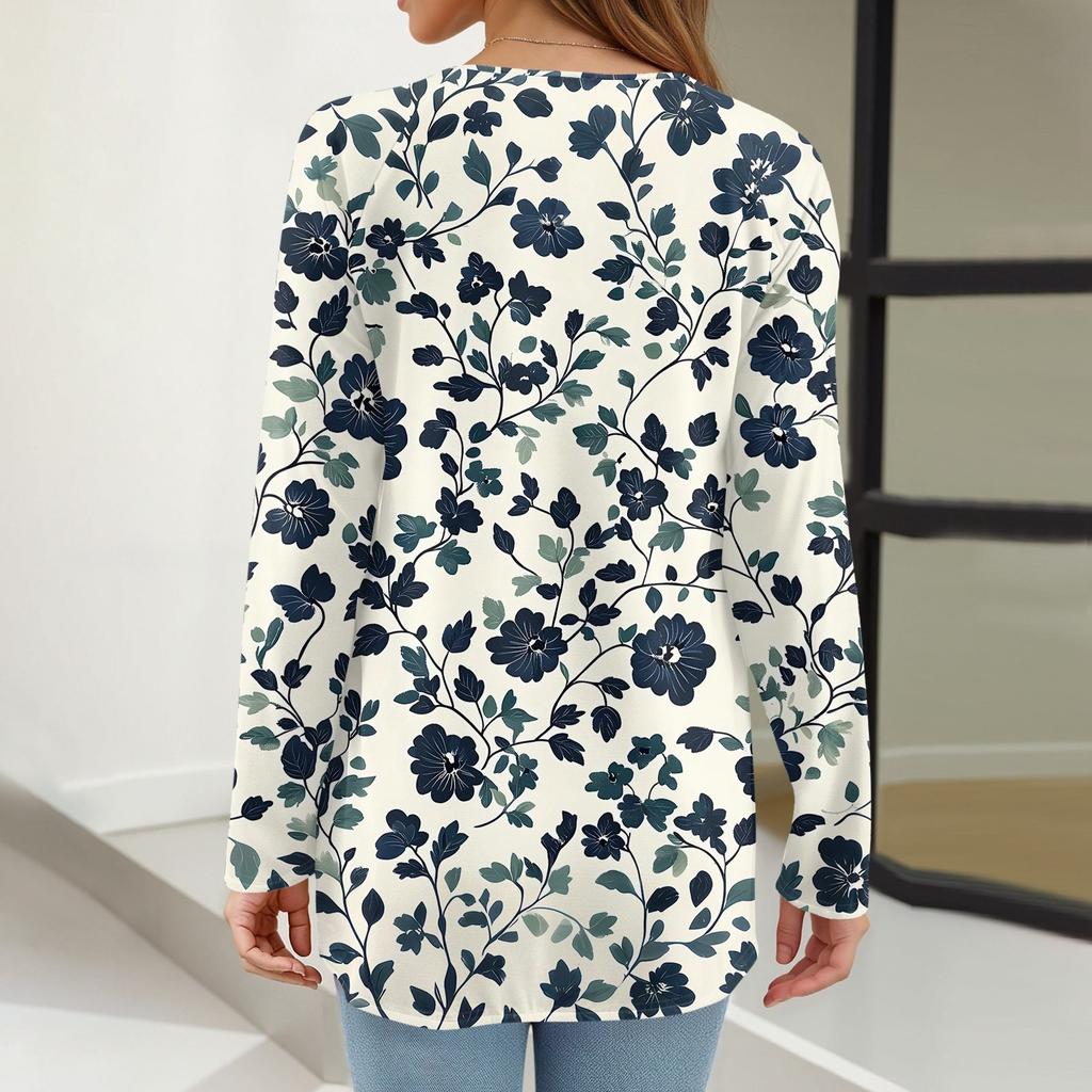 Women's Fashion Casual Long Sleeve Print Round Neck Pullover Top Blouse