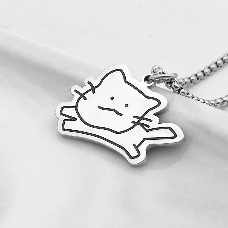 Titanium Steel Scared Cat Necklace For Women Men Korea Fashion Kpop Black Cat Pendant Sweater Chain Couple  Party Gift