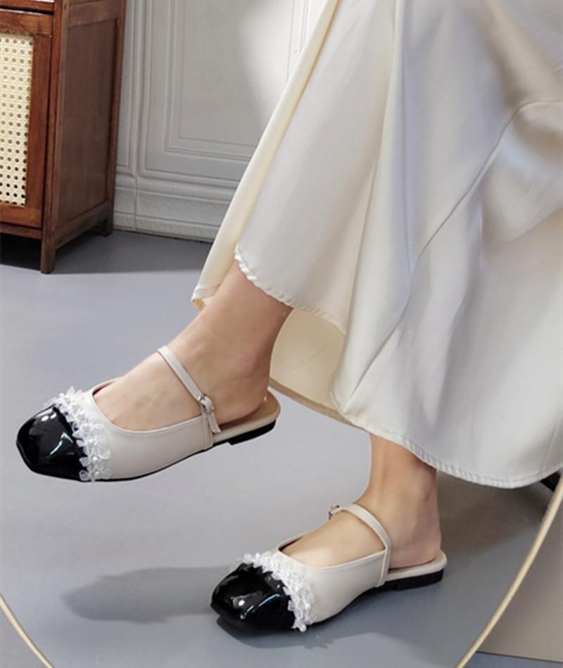 Fashion Elegant Lace Pearl Flat Sandals Women Square Toe Buckle patchwork Mary Jane Shoes Fashion Comfort Luxury Designer Brand Sandals