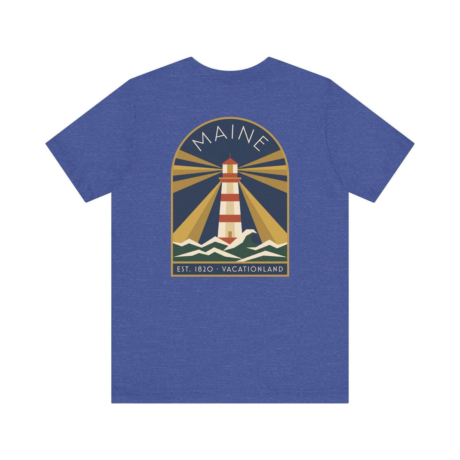 Maine Lighthouse Art Deco T-Shirt | Retro Vacationland Coastal Graphic Tee | Maine State Pride Gift L