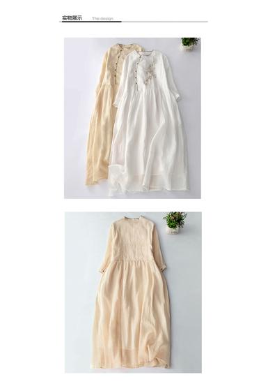 Abito Retro Estivo da Donna 2026 con Scollo Incrociato Ricamato in Cotone e Lino con Collo alla Coreana e Maniche a Tre Quarti