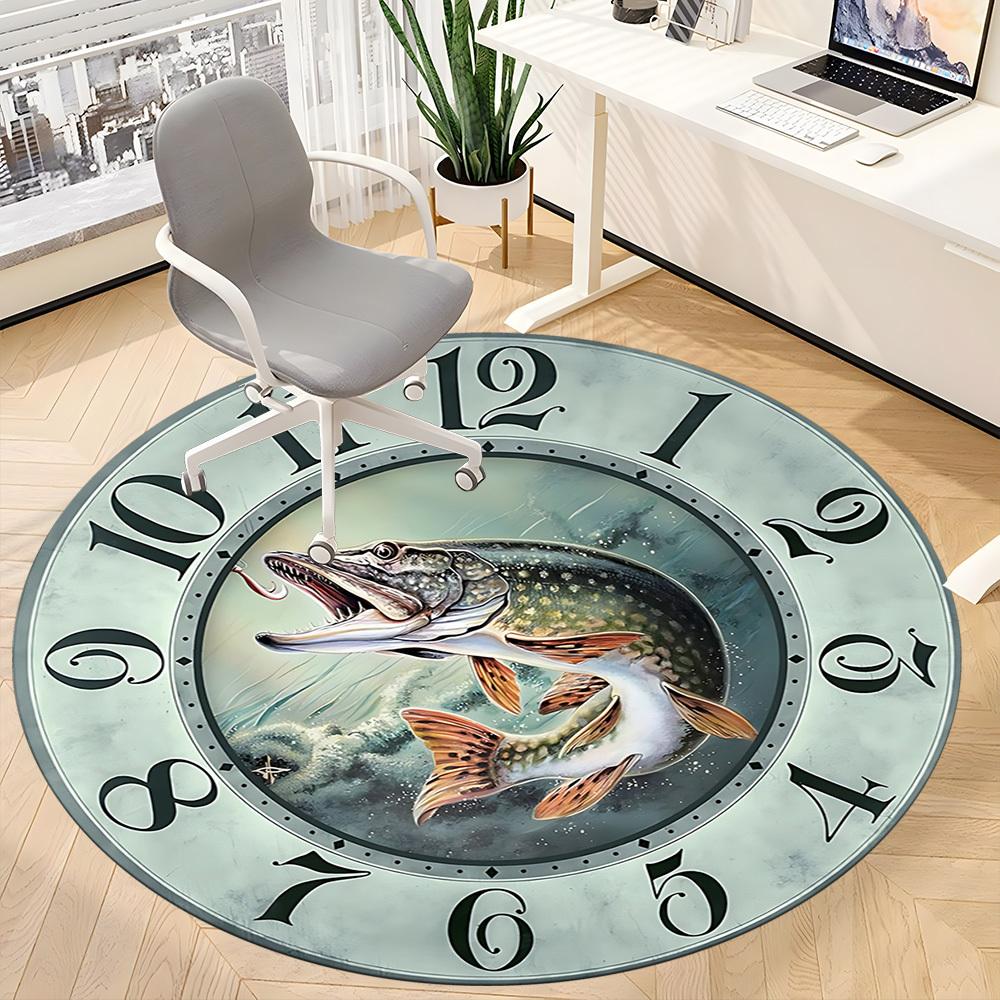 1pc Fish Clock Office Round Area Rug, Indoor Mat Suitable For Office, Under Office Chairs Bedroom Living Room Home Decor, Room Deco, 096