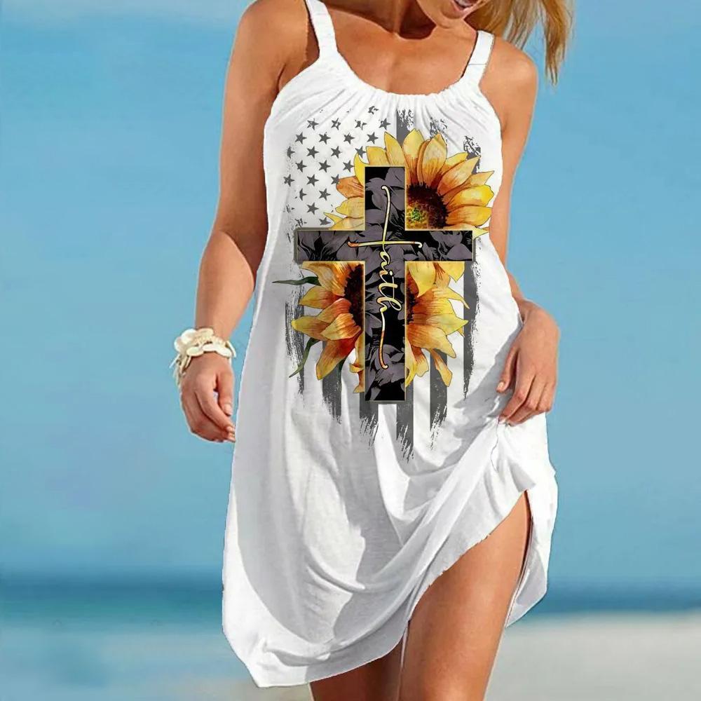 Καλοκαιρινό Φόρεμα Παραλίας με Ηλιοτρόπια για Γυναίκες 3D Εκτύπωση Διακοπές Πάρτι Καλοκαιρινό Φόρεμα Κυρίες Καθημερινό Αμάνικο Παραλιακό Ρούχο Γυναικείο Ρούχο Traf