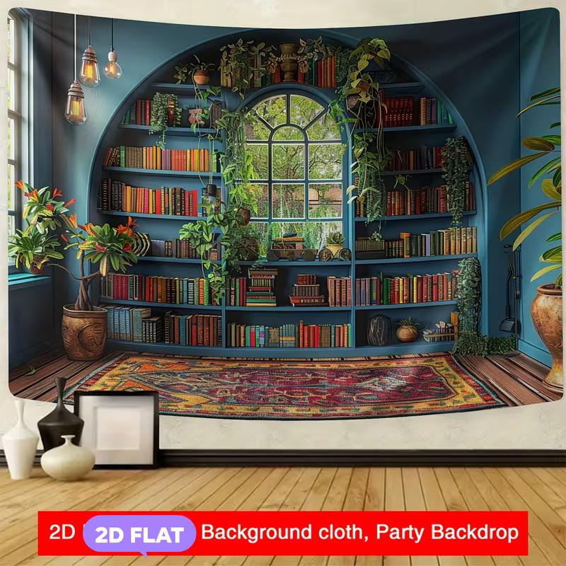 2D Aesthetic Bookshelf Tapestry, Plant & Vintage Carpet Library Wall Hanging 47.2x31.5inch/120*80cm