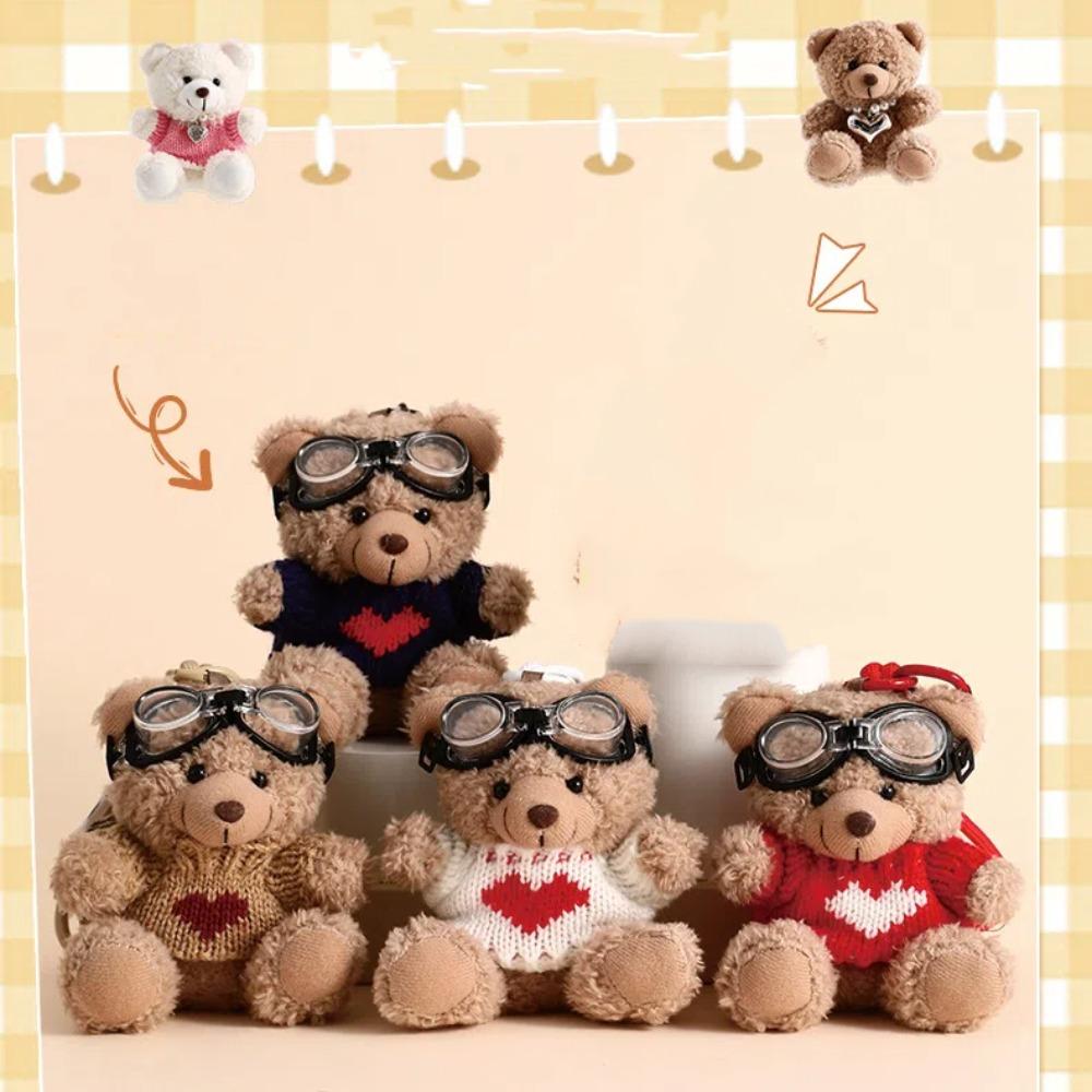 Lovely Goggles Pilot Bear Keychain Pearl Hanging Rope Plush Bear Key Ring Heart Pink Stuffed Animal Pendant Backpack