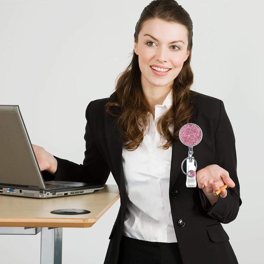 1ks Kulatý třpytivý flitrový navíječ na odznak, zatahovací držák na odznak, držák na ID kartu pro sestru, lékaře, šňůrka, klíčenka, kancelářské potřeby