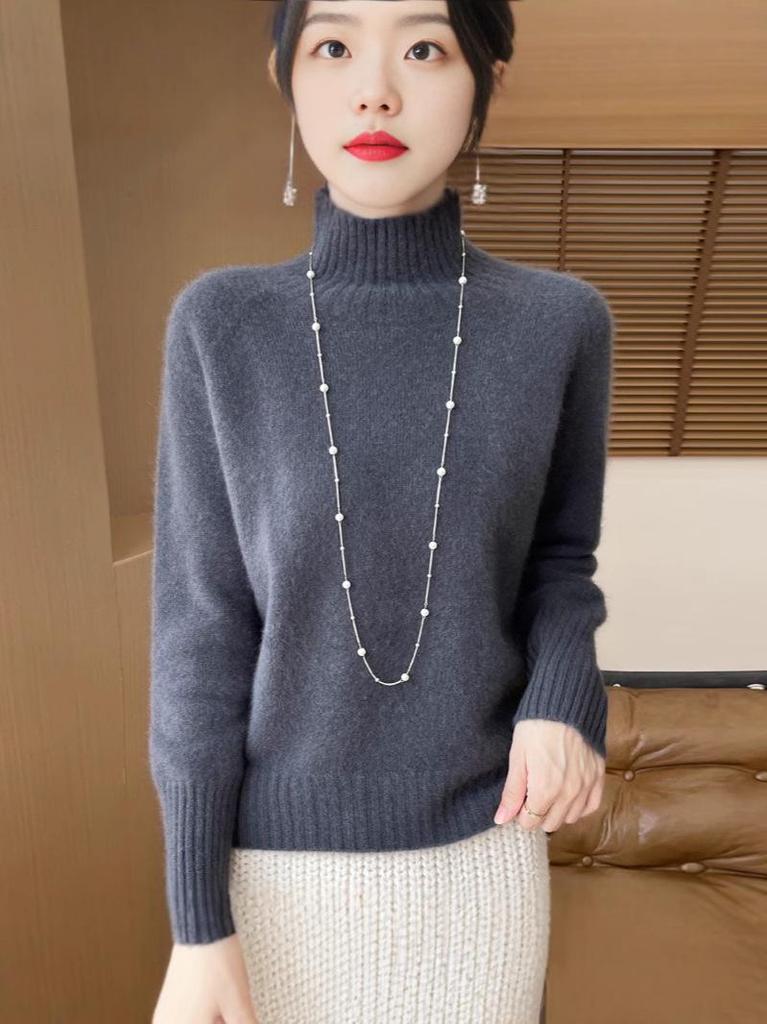 Women's High-Neck Thick Wool Pullover - 100% Pure Wool, Double-Ply for Autumn/Winter Layers