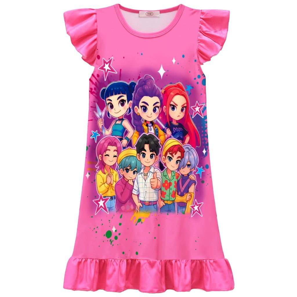 Kpop Demon Hunters Cotton Short Sleeve Sleep Dress For Kids Summer Wear