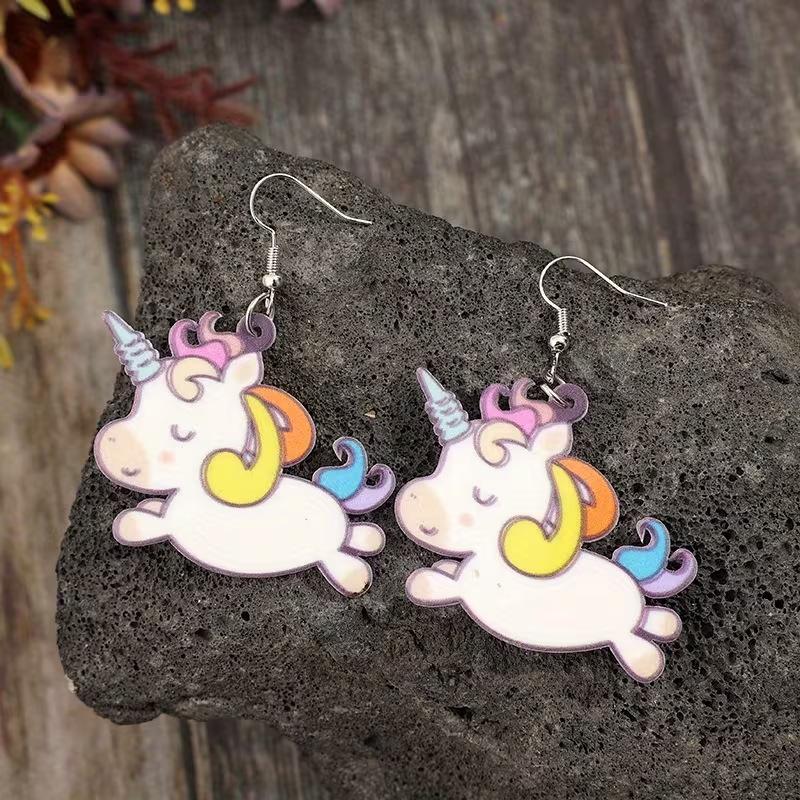 Cross-border unicorn earrings creative Year of the Horse trend versatile 2D flat acrylic cute color pony earrings