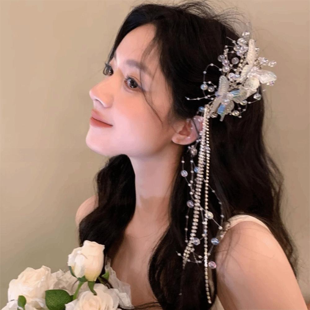 

New 30cm Butterfly Tassel Hairpin Photo Shoot Accessories Transparent Bridal Wedding Headpieces Hair Styling Tools Side Clip