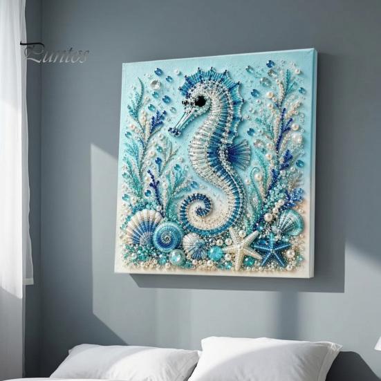 Nautical Style Home Ornament Ocean Faux Pearl Painting Kit, Marine Life 3D Art DIY Decorative Bead Picture Set Sea Turtle Fish Craft for Adults,