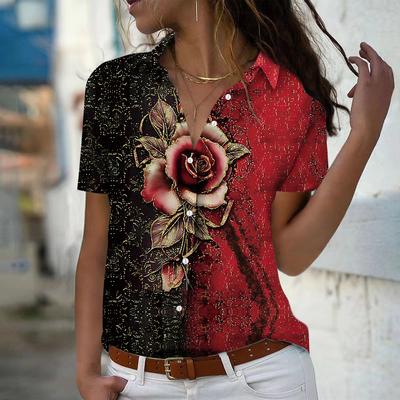 2025 Été Nouvelle Mode Femme Chemise Décontractée à Manches Courtes et Col en V Boutonnée Imprimée Fleurs