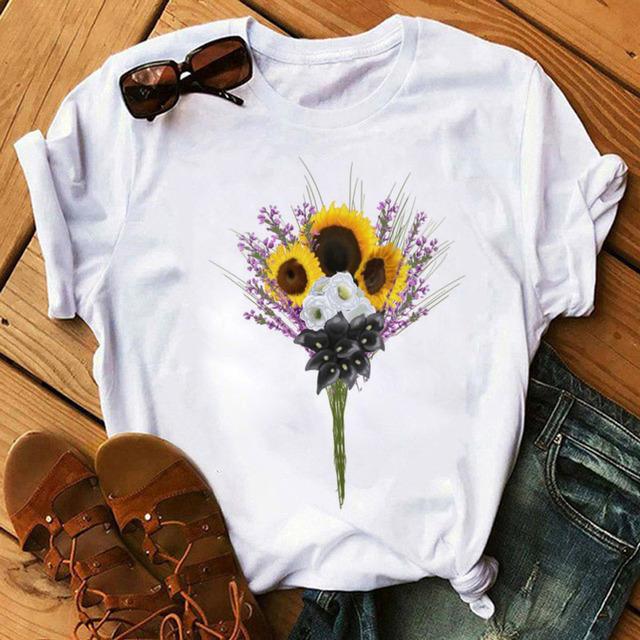 Fashion Women T Shirt Red Rose Flower Printed T-Shirt Harajuku Short Sleeve Tops Female Ladies Cute Graphic Tee Shirts T-Shirt