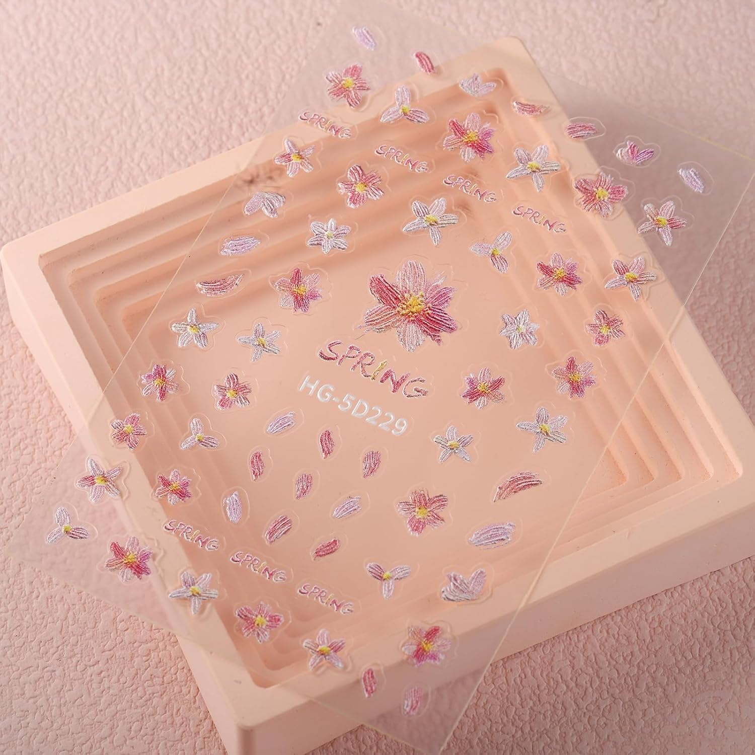 Flower Nail Art Stickers 5D Embossed Pink Flowers Nail Stickers 3D Self-Adhesive Spring Pink Cherry Blossom Design Decals Cute Floral Petal Nail Art