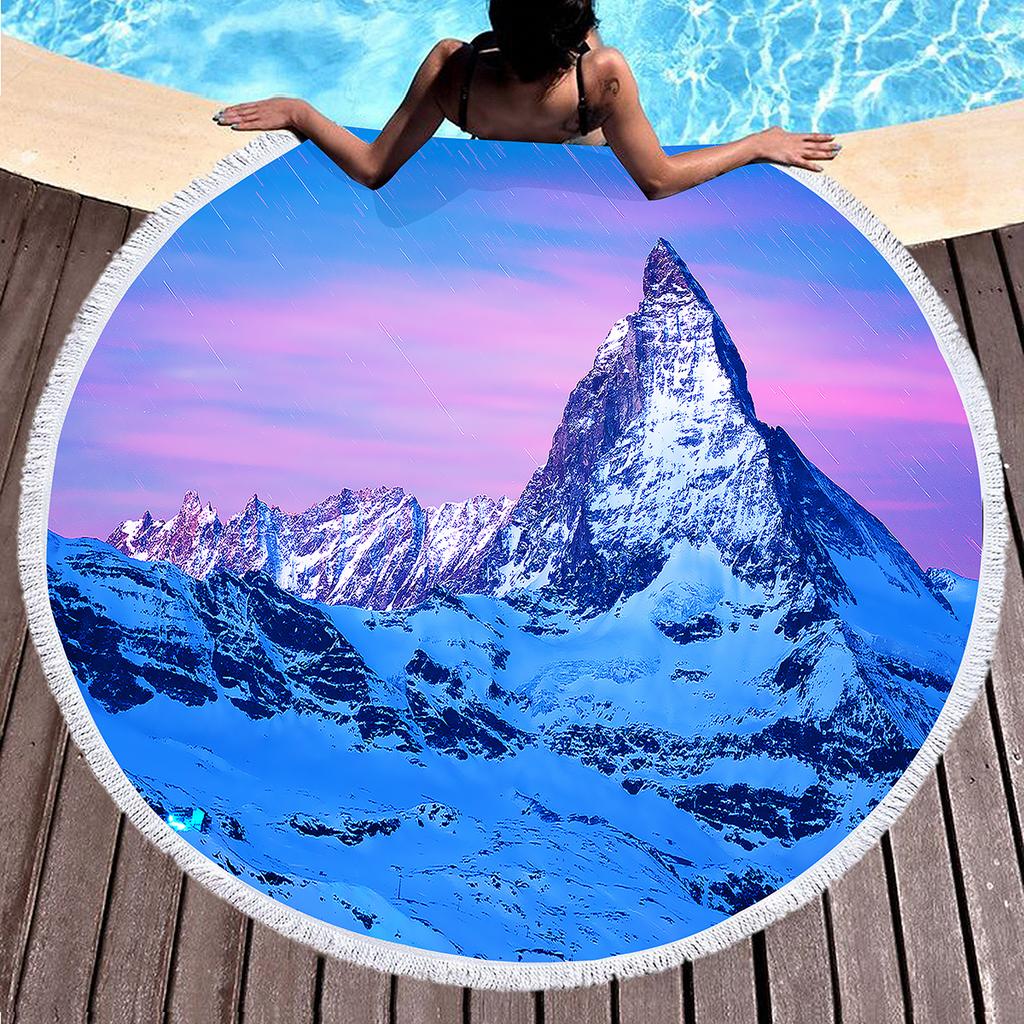 Natural Scenery Snow Mountain Round Beach Towel Sand Free Quick Dry Beach Towels with Tassels for Women Adult Swim Pool Yoga