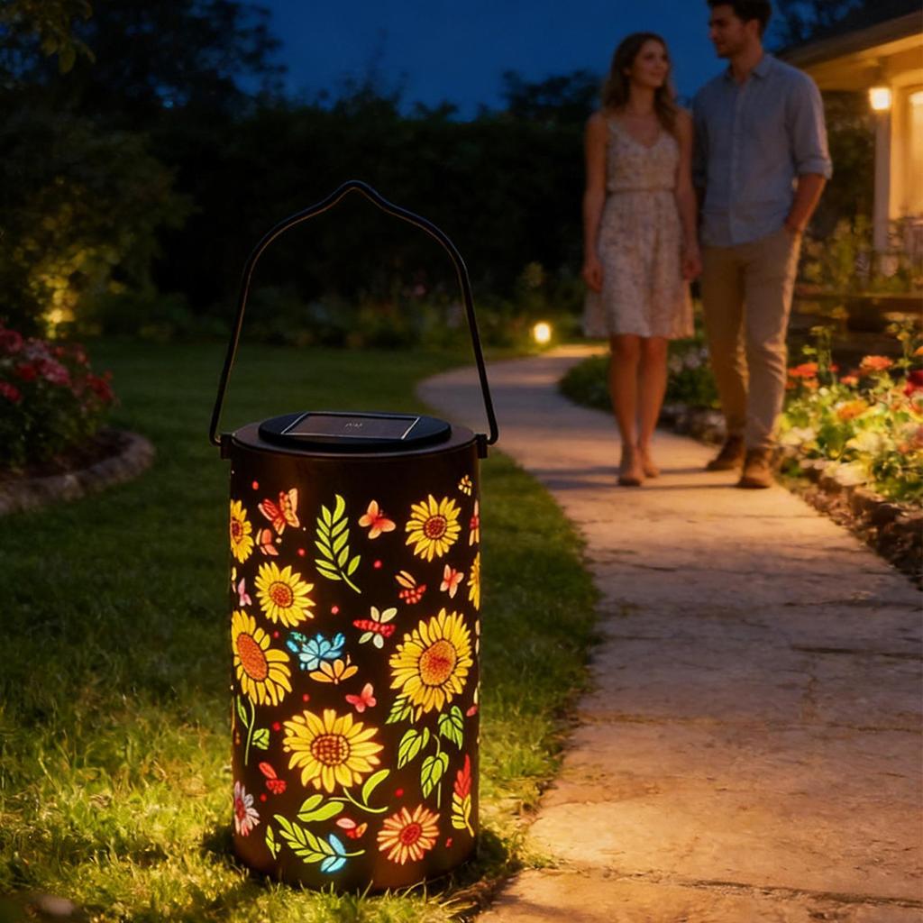 Garden Lantern Solar Iron Art Hanging Light Colorful Sunflower Glowing Solar Garden Solar Lights Outdoor Metal Hollow Light
