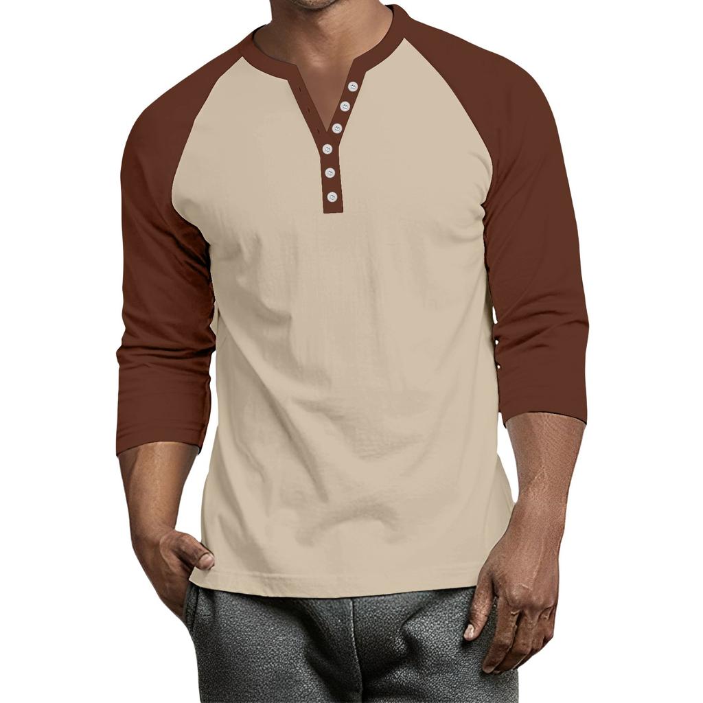 Men's Button-Down Contrast Raglan 3/4 Sleeve Top