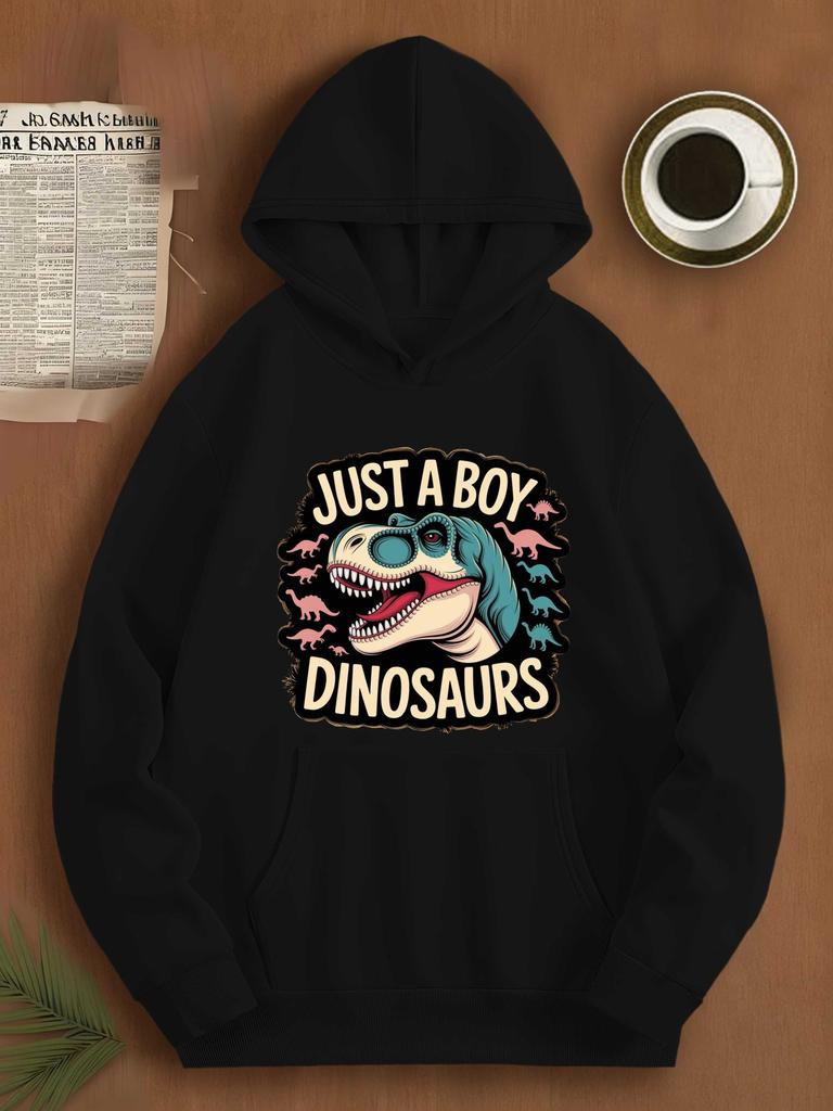 Plus Size Unisex Hooded Sweatshirt | Just a Boy Who Loves Dinosaurs, Casual Long Sleeve with Print Pattern, Slight Stretch Fabric