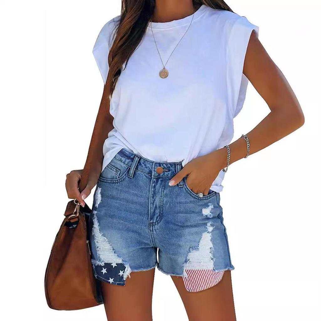 European & American Retro High-Waisted Floral Ripped Denim Shorts - Women's Slim Fit Jeans