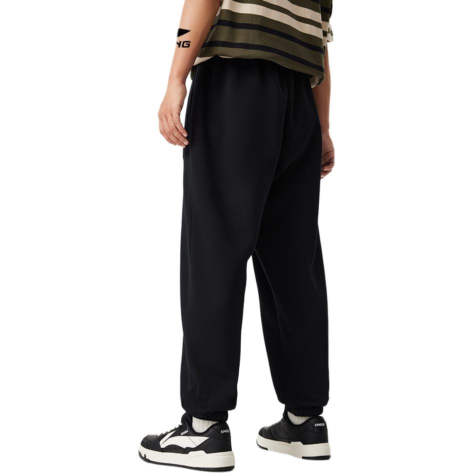 Li Ning Sports Lifestyle Series Solid Color Loose Mid Waist Drawstring Warm Fleece Cuffed Knitted Sweatpants Men Bottoms Black AKLU631-2