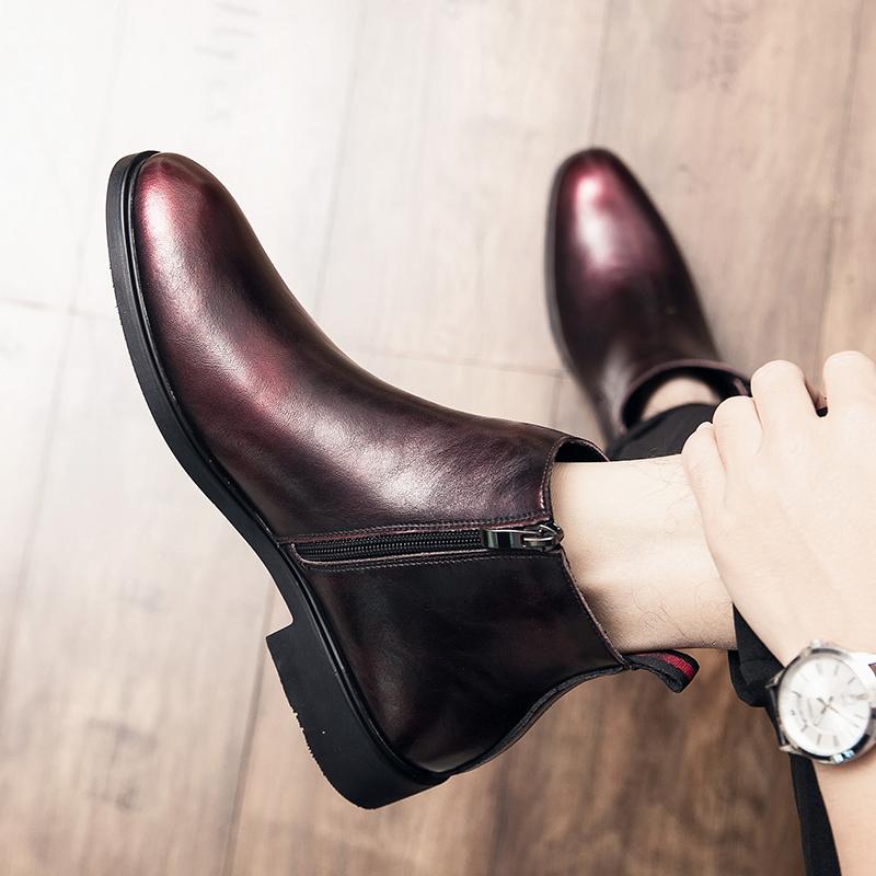 Fashion Winter Wine Red Men's Fashion Chelsea Boots Concise Genuine Leather Short Boots Classic Business ZIP Ankle Boots Black Shoes