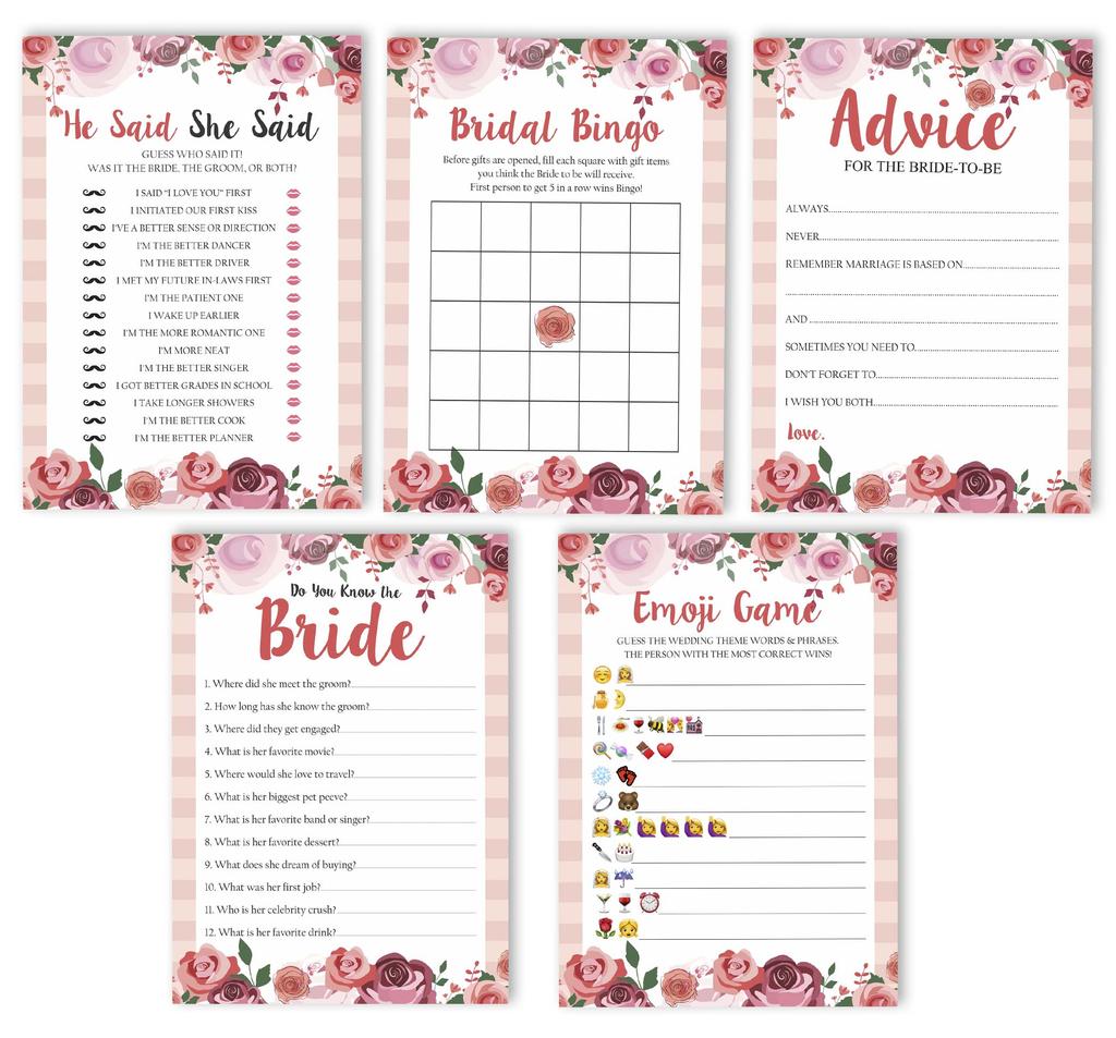 Inkdotpot Bachelorette Party Games Set Bundle of 5 (Activities for 50 Guests) Floral Theme Fun Bridal Shower Games Set
