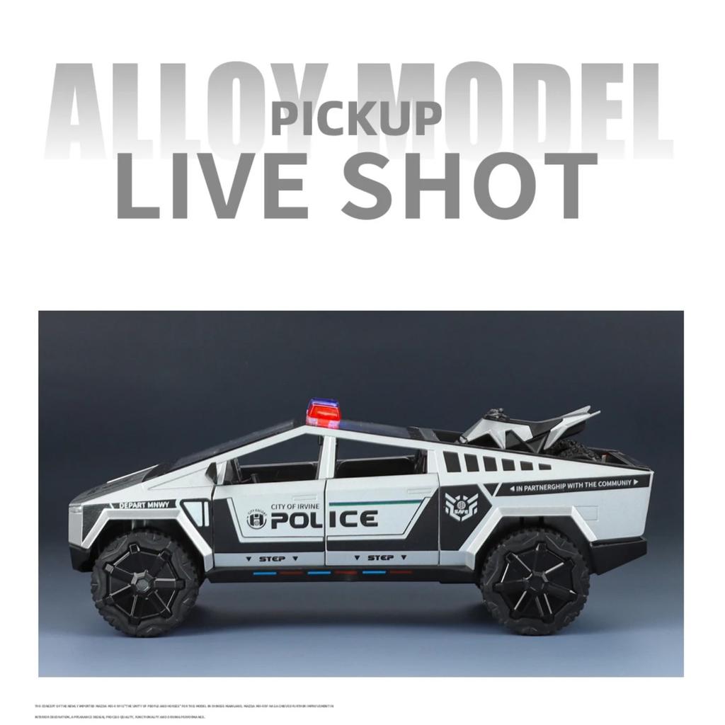 1/24 Tesla Police Cybertruck Off Road Alloy Metal Diecast Model Car Outdoor Collections Classic Trendy Toy Decorations Valentine Kids