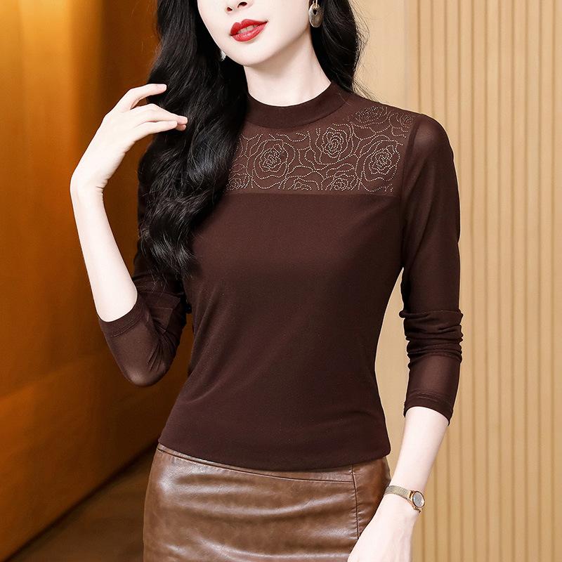 New Winter Slim and Versatile Half-high Neck Solid Color Iron Diamond Long Sleeve Mesh Base Shirt Women's T-shirt Top