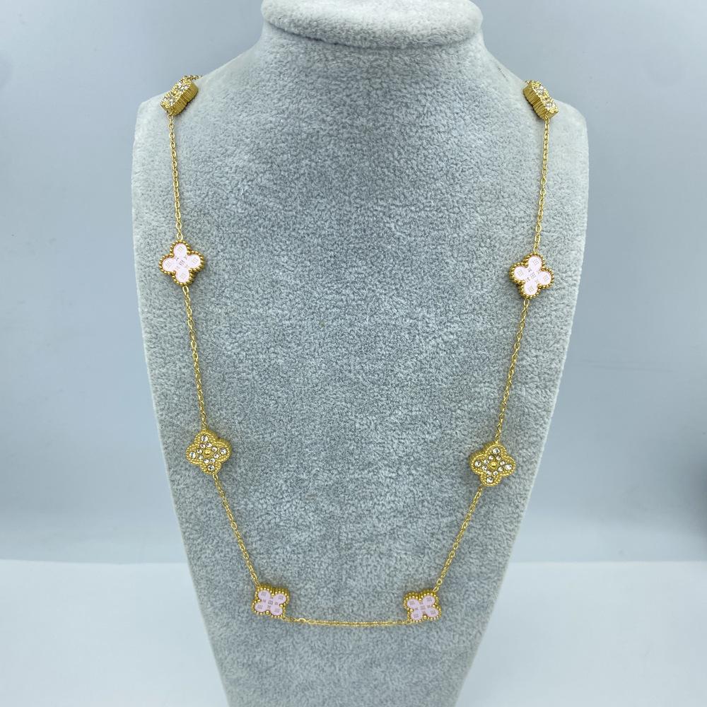 Acier Titane 13MM 60+5CM 10 Fleurs Double Face Trèfle à Quatre Feuilles Porte-Bonheur Collier pour Dames