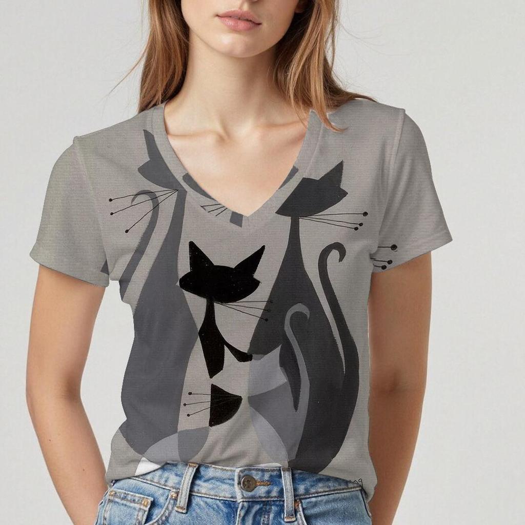 Summer V-neck 3D Cartoon Cat Pattern Printed Top Fashionable Casual Short Sleeved Women's T-shirts