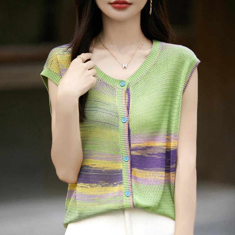 Women's wool sleeveless cardigan Qinghe cashmere 50% silk 50% wool spring and summer wool short sleeve sleeveless vest soft and comfortable