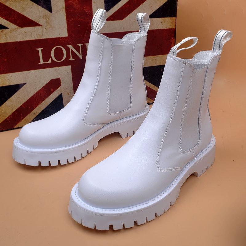 Men's Fashion Stage Nightclub Motorcycle Boots  Designer Shoes Black White Chelsea Boot Soft Leather Platform Short Botas