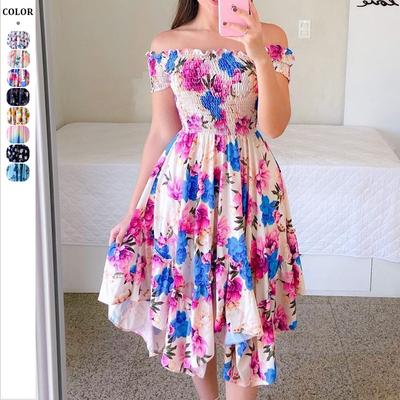 Ladies' One Neck Off Shoulder Dress Women Summer Printed Dress Elegant Fashionable Women's Long Skirt